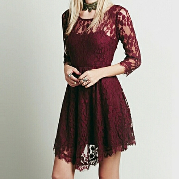 Free People Dresses & Skirts - 💐 FREE PEOPLE Plum Purple Sheer Lace Dress Hankerchief Hem SIZE 4